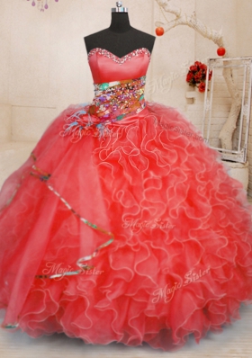 On Sale Sweetheart Sleeveless Quinceanera Gown Floor Length Beading and Ruffles Coral Red Organza