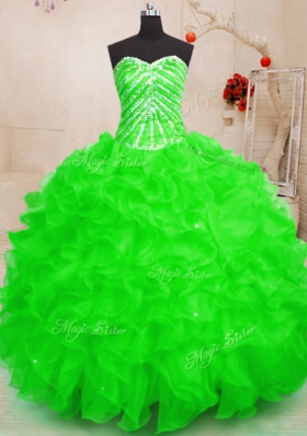 Organza Lace Up Quince Ball Gowns Sleeveless Floor Length Beading and Ruffles and Sequins