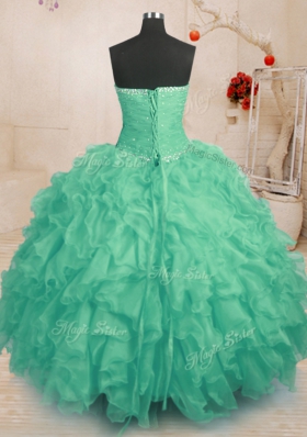Romantic Turquoise Ball Gowns Organza Strapless Sleeveless Beading and Ruffles and Ruching Floor Length Lace Up Sweet 16 Dresses