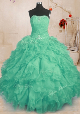 Romantic Turquoise Ball Gowns Organza Strapless Sleeveless Beading and Ruffles and Ruching Floor Length Lace Up Sweet 16 Dresses