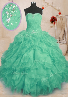 Romantic Turquoise Ball Gowns Organza Strapless Sleeveless Beading and Ruffles and Ruching Floor Length Lace Up Sweet 16 Dresses