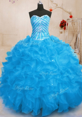 Sequins Sweetheart Sleeveless Lace Up Ball Gown Prom Dress Baby Blue Organza