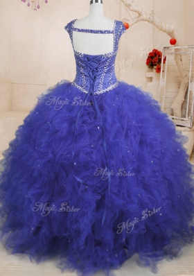 Smart Sequins Ball Gowns Sweet 16 Dresses Royal Blue Square Tulle Cap Sleeves Floor Length Lace Up