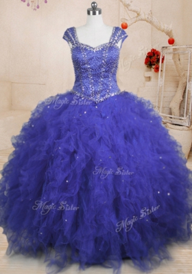 Smart Sequins Ball Gowns Sweet 16 Dresses Royal Blue Square Tulle Cap Sleeves Floor Length Lace Up