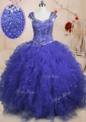 Smart Sequins Ball Gowns Sweet 16 Dresses Royal Blue Square Tulle Cap Sleeves Floor Length Lace Up