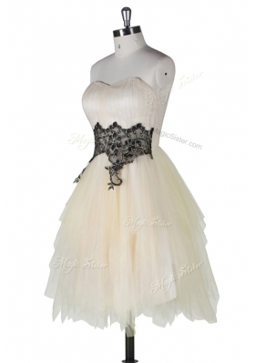 Sophisticated A-line Prom Dresses Champagne Strapless Tulle Sleeveless Knee Length Zipper