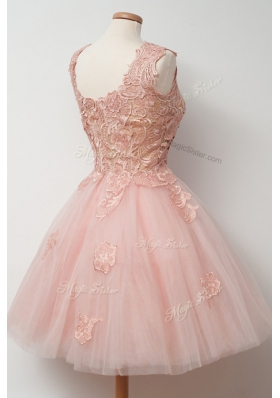 Square Sleeveless Knee Length Appliques and Embroidery Pink Tulle