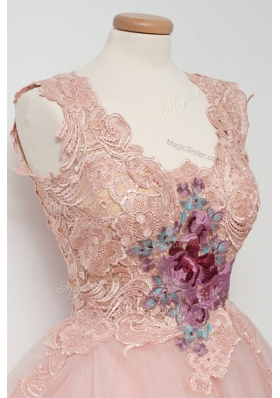 Square Sleeveless Knee Length Appliques and Embroidery Pink Tulle