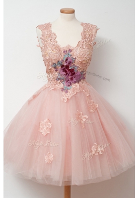 Square Sleeveless Knee Length Appliques and Embroidery Pink Tulle