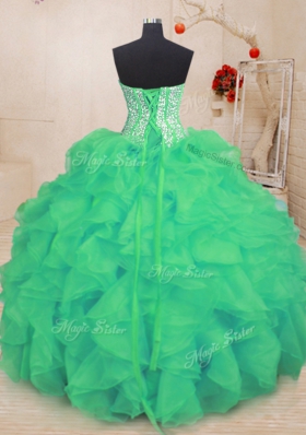 Turquoise Ball Gowns Organza Sweetheart Sleeveless Beading and Ruffles Floor Length Lace Up 15th Birthday Dress