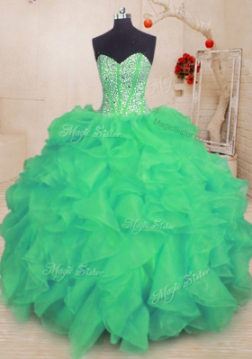 Turquoise Ball Gowns Organza Sweetheart Sleeveless Beading and Ruffles Floor Length Lace Up 15th Birthday Dress