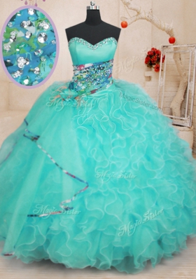 Unique Sleeveless Lace Up Floor Length Beading and Ruffles Ball Gown Prom Dress