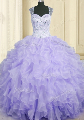 Amazing Straps Sleeveless Organza Ball Gown Prom Dress Beading and Ruffles Lace Up