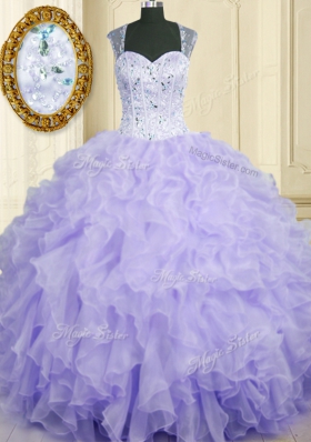 Amazing Straps Sleeveless Organza Ball Gown Prom Dress Beading and Ruffles Lace Up