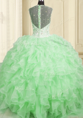Clearance Organza Lace Up Quince Ball Gowns Sleeveless Floor Length Beading and Ruffles