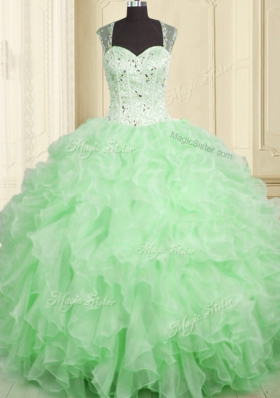 Clearance Organza Lace Up Quince Ball Gowns Sleeveless Floor Length Beading and Ruffles