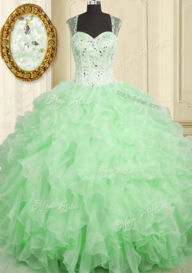 Clearance Organza Lace Up Quince Ball Gowns Sleeveless Floor Length Beading and Ruffles