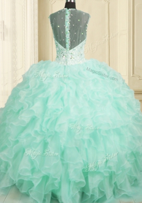 Excellent Aqua Blue Organza Zipper Sweet 16 Quinceanera Dress Sleeveless Floor Length Beading and Ruffles