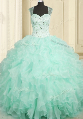 Excellent Aqua Blue Organza Zipper Sweet 16 Quinceanera Dress Sleeveless Floor Length Beading and Ruffles
