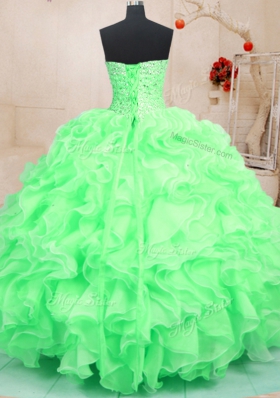 Eye-catching Sweetheart Sleeveless Quinceanera Gown Floor Length Beading and Ruffles Green Organza