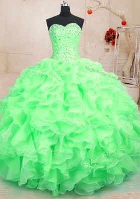 Eye-catching Sweetheart Sleeveless Quinceanera Gown Floor Length Beading and Ruffles Green Organza