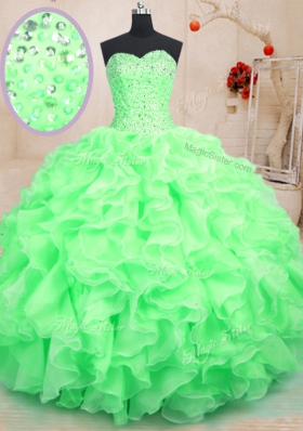 Eye-catching Sweetheart Sleeveless Quinceanera Gown Floor Length Beading and Ruffles Green Organza