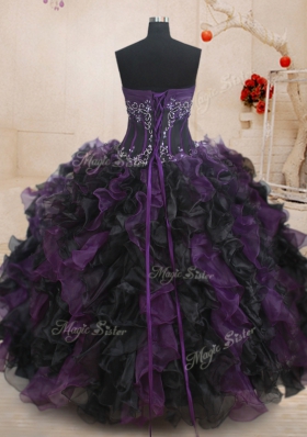 Fantastic Black And Purple Sleeveless Organza Lace Up Quinceanera Gown for Military Ball and Sweet 16 and Quinceanera