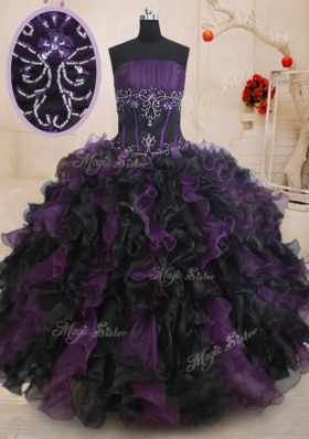 Fantastic Black And Purple Sleeveless Organza Lace Up Quinceanera Gown for Military Ball and Sweet 16 and Quinceanera