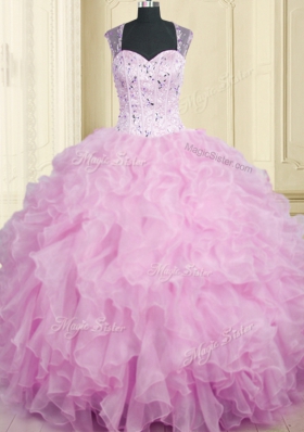 Fitting Straps Sleeveless Organza 15 Quinceanera Dress Beading and Ruffles Zipper