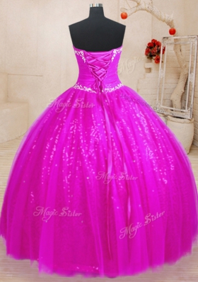 Floor Length Lace Up Quinceanera Gown Fuchsia and In for Military Ball and Sweet 16 and Quinceanera with Beading