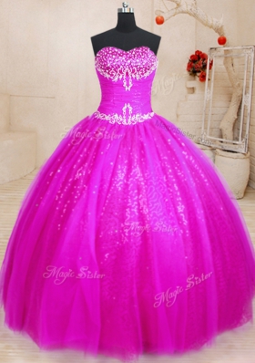 Floor Length Lace Up Quinceanera Gown Fuchsia and In for Military Ball and Sweet 16 and Quinceanera with Beading
