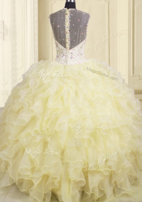 Glamorous Floor Length Ball Gowns Sleeveless Light Yellow 15th Birthday Dress Lace Up