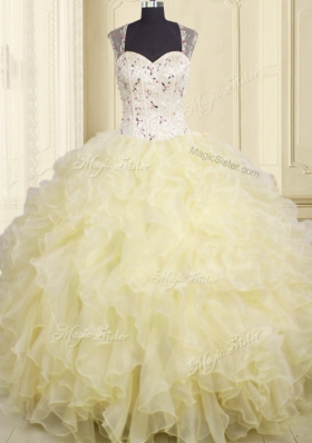 Glamorous Floor Length Ball Gowns Sleeveless Light Yellow 15th Birthday Dress Lace Up
