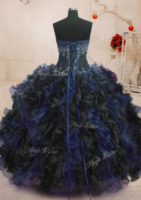 Graceful Floor Length Blue And Black Sweet 16 Dresses Organza Sleeveless Beading and Ruffles