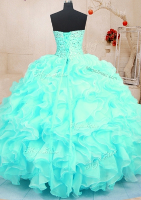 Ideal Aqua Blue Ball Gowns Sweetheart Sleeveless Organza Floor Length Lace Up Beading and Ruffles Quinceanera Gowns