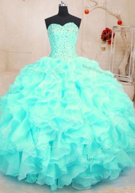 Ideal Aqua Blue Ball Gowns Sweetheart Sleeveless Organza Floor Length Lace Up Beading and Ruffles Quinceanera Gowns
