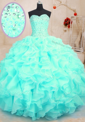 Ideal Aqua Blue Ball Gowns Sweetheart Sleeveless Organza Floor Length Lace Up Beading and Ruffles Quinceanera Gowns