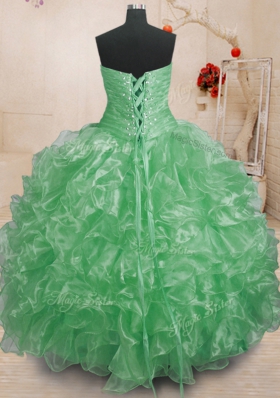 Ideal Sleeveless Floor Length Beading and Ruffles Lace Up Quince Ball Gowns with Green