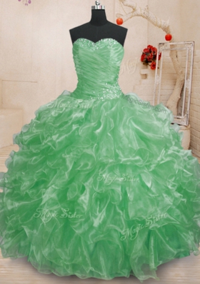 Ideal Sleeveless Floor Length Beading and Ruffles Lace Up Quince Ball Gowns with Green