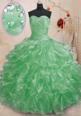 Ideal Sleeveless Floor Length Beading and Ruffles Lace Up Quince Ball Gowns with Green