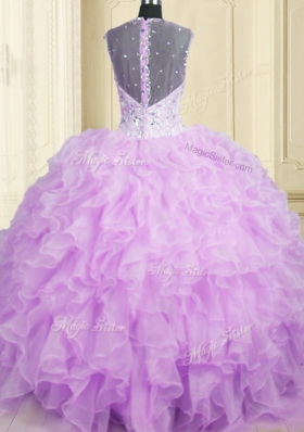 Lavender Straps Neckline Beading and Ruffles Quinceanera Gowns Sleeveless Zipper