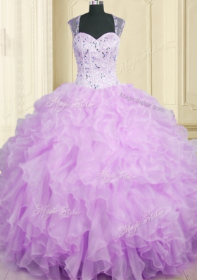Lavender Straps Neckline Beading and Ruffles Quinceanera Gowns Sleeveless Zipper
