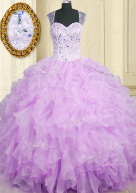 Lavender Straps Neckline Beading and Ruffles Quinceanera Gowns Sleeveless Zipper