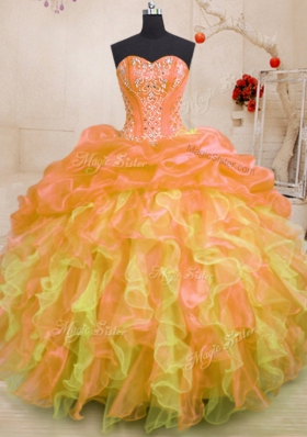 Multi-color Ball Gowns Sweetheart Sleeveless Organza Floor Length Lace Up Beading and Ruffles Vestidos de Quinceanera