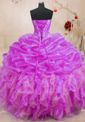 On Sale Sleeveless Organza Floor Length Lace Up Sweet 16 Dress in Fuchsia for with Beading and Ruffles