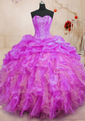 On Sale Sleeveless Organza Floor Length Lace Up Sweet 16 Dress in Fuchsia for with Beading and Ruffles