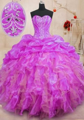 On Sale Sleeveless Organza Floor Length Lace Up Sweet 16 Dress in Fuchsia for with Beading and Ruffles