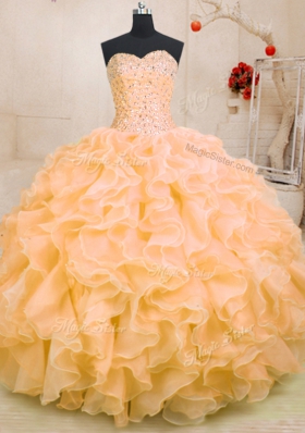 Orange Lace Up Sweetheart Beading and Ruffles Quinceanera Dresses Organza Sleeveless