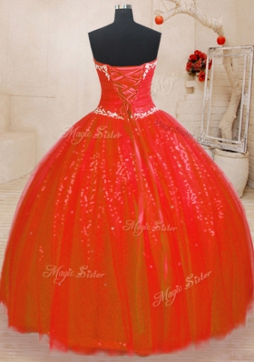 Red Ball Gowns Beading Quinceanera Gown Lace Up Tulle and Sequined Sleeveless Floor Length