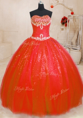 Red Ball Gowns Beading Quinceanera Gown Lace Up Tulle and Sequined Sleeveless Floor Length